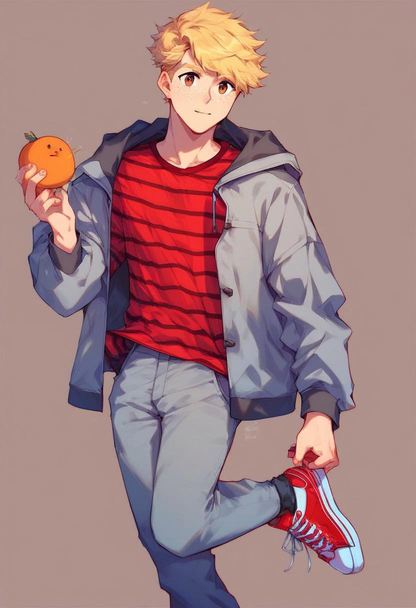 Score_up_9,score_up_8, 1male, blonde Hair, brown eyes, short hair, freckles, cute, orange and red striped shirt, gray pants, gray jacket, red sneakers, holding a small gray mouse in their hand