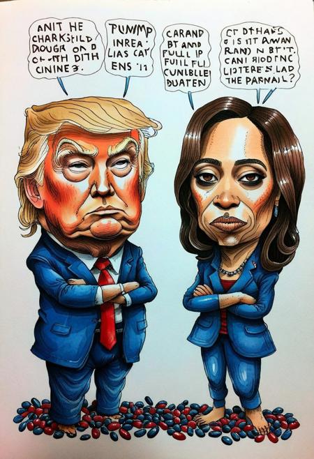 (hand drawn:1.5) (rough:1.5) ink and color (sketch:1.5) of Donald Trump and Kamala Harris counting and dividing red and blue beans, caricature in cuneo style, (full character:1.4),   (irregular lines:1.5), candid pose, extremely detailed, (surreal:1.5), paper texture background
