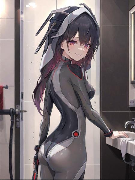 (1girl:1.2),(solo:1.2),masterpiece,best quality,highly detailed,best quality,photo realistic,depth of field,highres,extremely detailed wallpaper,third-party edit,<lora:LyraLoraXL:1>,(seductive smile:1.5),extremely detailed bodysuit,covered navel,red eyes,(showering,holding a shower:1.2),upper body,taking a shower,hand massaging body,fancy bathroom background,from back,