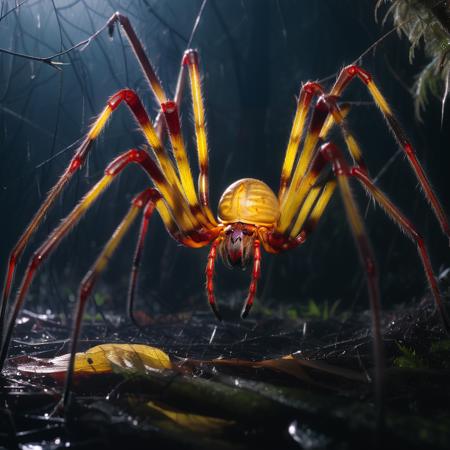 highly detailed documentary photo of giant spider:1.3,

((yellow body)), ((red body)), ((distant shot)), blurry, dark forest, night, ((spider web)),

masterpiece, best quality:1.1, 

ultra photoreal, photorealistic:1.0, sharp focus:1.1, 
depth of field:1.1, 

50mm, style of Nathan Wirth, Hasselblad X1D II, Porta 160,
