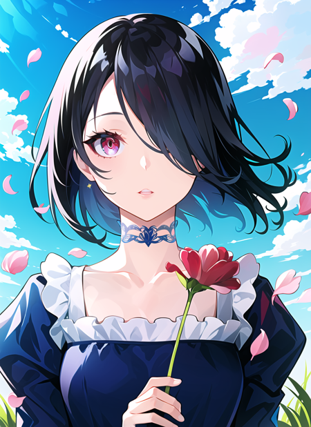 lam \(ramdayo\), 1girl, blue shirt, blue sky, cloud, collarbone, flower, hair over one eye, holding, holding flower, juliet sleeves, long sleeves, looking at viewer, parted lips, petals, puffy sleeves, red eyes, red flower, shirt, sky, solo, swept bangs, upper body, ((masterpiece)) <lora:lam__ramdayo__offset:1>