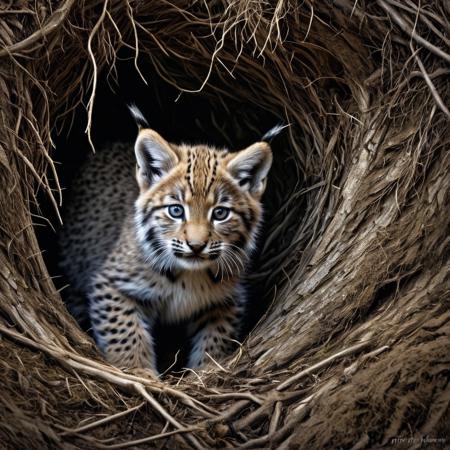 Hyper realistic photography, Carl Brenders style, lynx cub emerging sideways from under sheltering roots, eyes large and captivating, fur ruffling with the semblance of hiss, juxtaposition of menace and charm, unusual angle highlighting the cub's gaze, richly textured background, dramatic lighting, ultra fine detail.