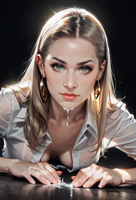 score_9, score_8_up, score_7_up,
1girl, nude, pale, long light brown hair, small breasts, breast press, (shiny skin:0.8), gold earrings. 
lying on floor, white buttoned shirt, black marble floor. cum on floor. cum on fingers. cum spilling from chin.
