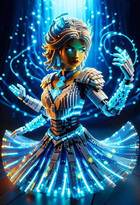 A mesmerizing 3D-rendered female character in a dancing pose made of Legos, her skirt made of ethereal glowing fabric that sways with her movements,The design features intricate, bioluminescent embroidery and layered digital effects. Her top includes elegant armor plates with neon lines. The futuristic background glows with dazzling lights. vibrant, photograph, picture, high quality, detailed, realistic