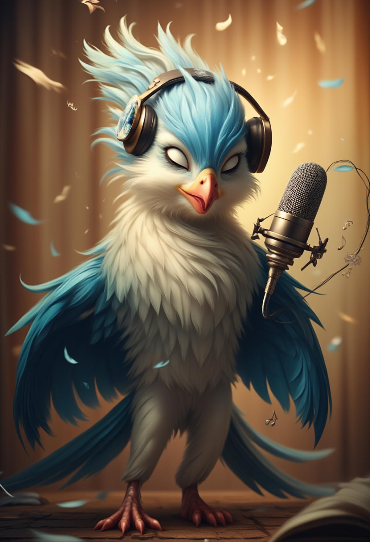 The anthropomorphic bird, wearing elegant headphones, stands proudly in front of a high-quality microphone and sings the song "O Sole Mio" with all his heart in a modern recording studio. Musical notes fly through the air. The soft, neutral-tinted lighting creates an atmosphere of concentration and calm, highlighting the bright blue feathers on his head and tail. His eyes are closed as he speaks into the microphone with clear passion and concentration, capturing the essence of his artistry. The background is a minimalist but artful blend of warm and cool tones, further emphasizing the presence and creativity of the central figure. This unique scene shows the beauty of combining animal and human elements in a modern, trendy setting. ,  <lora:glowing_flux.safetensors:1.0>,  <lora:FluxDFaeTasticDetails.safetensors:1.0>,