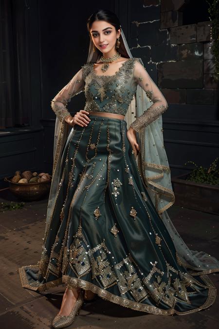 xyzsanbridaldress, (highly detailed:1.3), 34 y.o Pakistani Model Maya Ali, slim, solo, (full body:1.3), vail, nice hands, perfect hands, _embroidery15_, dark sea green bridal dress Ultra-detail, (highres:1.1), best quality, (masterpiece:1.3), bright cinematic lighting, (highly detailed face and eyes:1.3), <lora:xyzsanbridaldress:1>