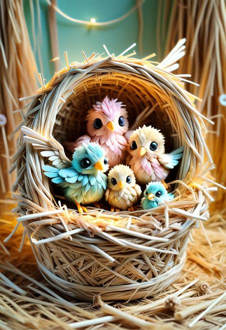 adorable baby straw birds nestled in a hanging straw nest, tiny pastel patchwork wings, button eyes, whimsical handcrafted style, magical realism, soft glowing background, delicate straw threads, ultra-detailed, fantasy cottagecore setting, trending on ArtStation, 8k storybook illustration, ultra detailed, pastel fantasy colors, 8k