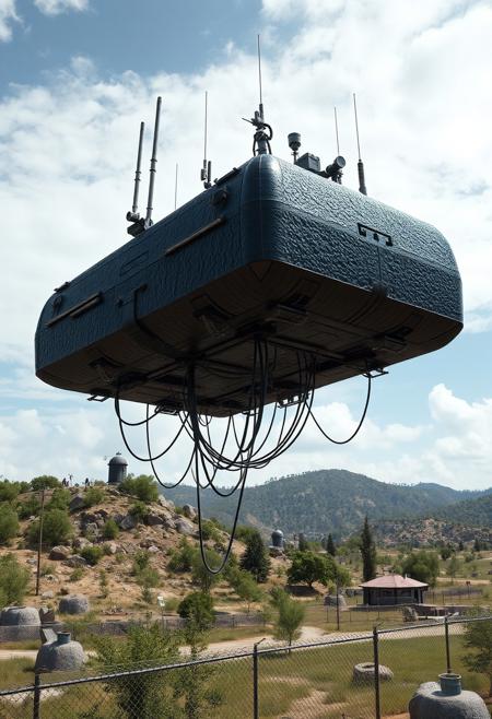 ultra high resolution, masterpiece, best quality, small featureless angular glossy black spacecraft with a heavily textured surface hovering low to the ground, underneath the spacecraft are cables hoses and wires, antennas on top, cables hanging from below, rectangular in shape, futuristic world, post apocalyptic landscape, anti gravity, in the atmosphere, sky, clouds, ground visible, hovering,  green trees and hills, rocky outcroppings, small buildings, chain link fence