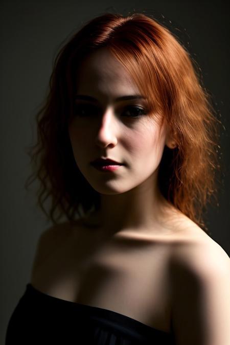 one side lighting, ((pitch black background)), ((greyscale)), studio set, perfect drawn face like an sad angel, very beautiful intensive eyes, wearing only a very classical oldschool nightdress, stunning sensual woman in her end 40s, absolute minimal makeup to simply accenting the natural beauty, open fiery red hair, filmed with arri one stage camera, nude, view from side