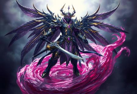 "This artwork showcases a dynamic and powerful Gearfried the Swordmaster, adorned in intricate black, purple, and gold armor with striking wings. They stand in a ready stance on a pink swirl, with a Clockwork Night background emphasizing the Gearfried the Swordmaster's central role. The artwork is expertly composed with vivid colors, sharp details, and a 8k resolution, evoking a sense of epic grandeur with its lifelike details, creative angle, and captivating lighting."