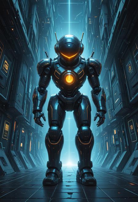 A great illustration concept art of a robot, looking down, simple background, lines and squares background, futuristic, cyberpunk vibes, mobe-cybideen, masterpiece, absurdres, vibrant, creepy spacescape setting, dynamic angle, dynamic pose, dramatic light, highly detailed, high resolution textures, ultra high resolution, <lora:CyberBioDetailEnhancerV1:0.95>,