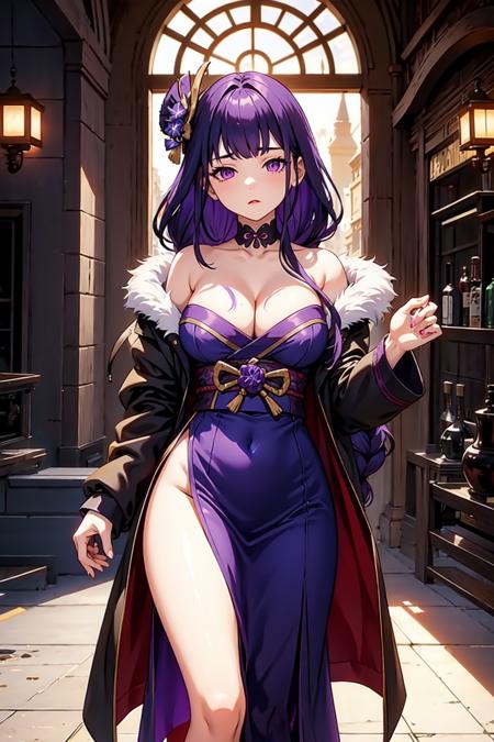 masterpiece, shogun, 1girl, solo, long hair, looking at viewer, large breasts, hair ornament, long sleeves, dress, cleavage, standing, purple eyes, collarbone, purple hair, braid, flower, sidelocks, thighs, parted lips, open clothes, hair flower, blunt bangs, mole, coat, sash, fur trim, mole under eye, feet out of frame, purple dress, open coat, black coat, black kimono, fur-trimmed coat,  <lora:shogun-01:0.8>