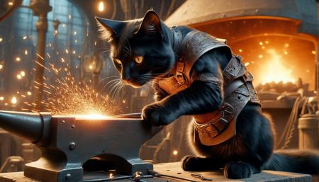 Photograph of  disney animation, blacksmith cat,
 (masterpiece), (best quality:1.2), intricate details, (highly detailed skin:1.2),
intricate details, 8k post production, high resolution, hyper detailed, trending on artstation, sharp focus, studio photo, intricate details, highly detailed,  , captured on a (Hasselblad X1D II 50C)