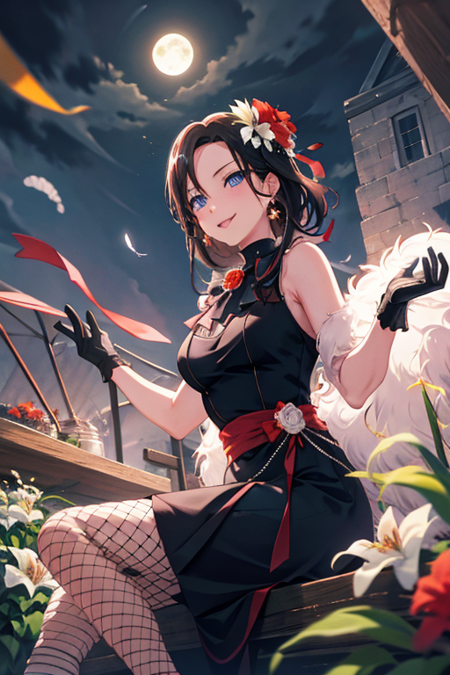 <lora:LAYER-09:0.6> ,masterpiece, best quality, highres, LAYER, 1girl, solo, looking at viewer, smile, blue eyes, black hair, hair ornament, gloves, dress, jewelry, sitting, flower, pantyhose, earrings, sky, sleeveless, black gloves, hair flower, night, sleeveless dress, moon, red dress, white flower, brooch, fishnets, full moon, blurry foreground, fishnet pantyhose, feather boa