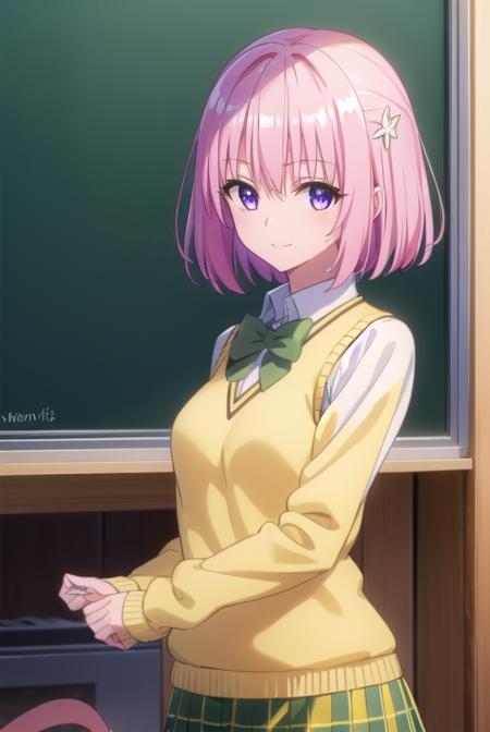 momodevilluke, <lora:momo deviluke darkness-lora-nochekaiser:1>,
momo deviluke, demon tail, hair flower, hair ornament, (purple eyes:1.1), pink hair, short hair, tail, smile,
BREAK demon tail, green skirt, plaid, plaid skirt, sainan high school uniform, school uniform, skirt, sweater vest, thighhighs, (yellow sweater:1.5), short sleeves, bow, (green bow:1.5),
BREAK indoors, classroom,
BREAK looking at viewer, (cowboy shot:1.5),
BREAK <lyco:GoodHands-beta2:1>, (masterpiece:1.2), best quality, high resolution, unity 8k wallpaper, (illustration:0.8), (beautiful detailed eyes:1.6), extremely detailed face, perfect lighting, extremely detailed CG, (perfect hands, perfect anatomy),