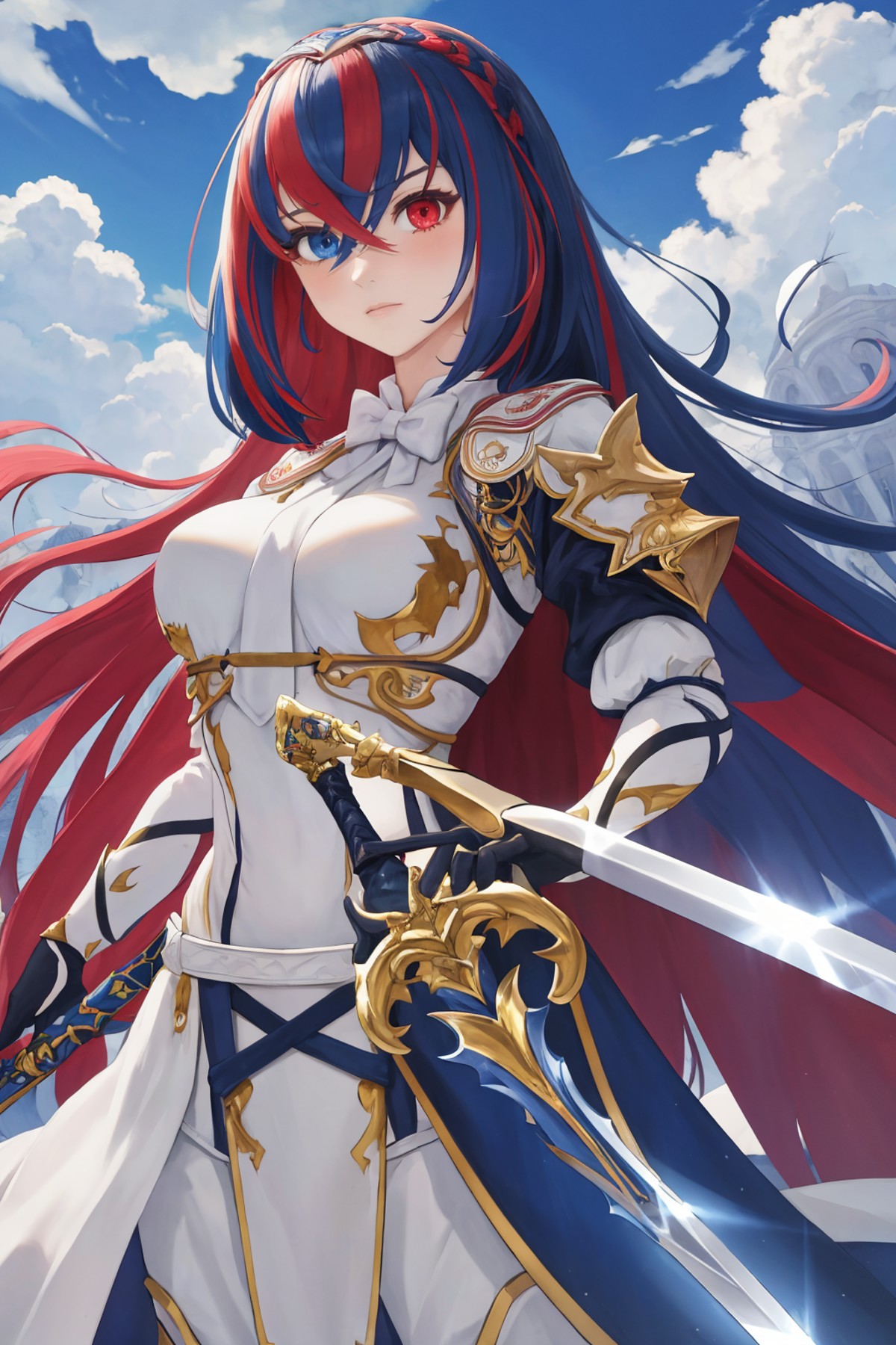 masterpiece, best quality, 1girl, solo, <lora:alear-fe-richy-v1:1> heterochromia, aleardef, sword, holding sword, weapon