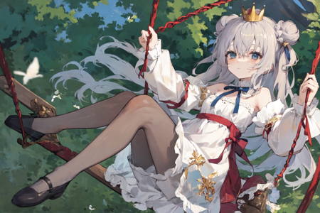 best quality, masterpiece, extremely detailed, detailed background, 1girl, solo, double bun, swing, hair bun, long hair, crown, sitting, dress, blue eyes, pantyhose, looking at viewer, long sleeves, white hair, bangs, mini crown, very long hair, closed mouth, full body, holding, hair between eyes, grey pantyhose, white dress, white pantyhose, grey hair<lora:bacheally128dim-epoch-000006:1>