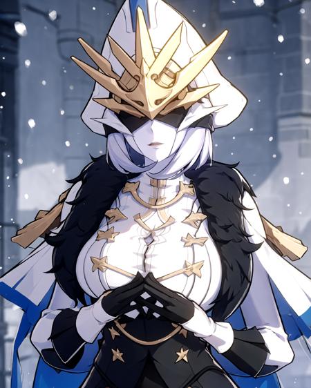 1girl, white hair, large breasts, mask on eyes, upper body,hands on the chest, <lora:Guardian_Shadow:0.8>, snow, winter