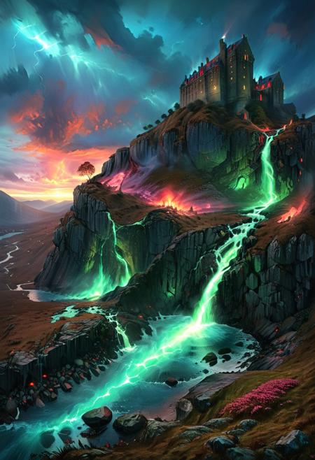 (by Ellen Jewett:1.5), (Red Bioluminescent Impressionism, Scottish highland  landscape, Flow in the Name of blue fire* *Channel_42* *中* *Broadcasting* *Artificially_Atypically_Autistically* *Magnetic**Synesthesia* *lightning*, The Dreamland, green earth, heather, sky sunset, sunrise ,waterfall, great castle on a crag, Crag, highland mountains, ethereal landscapes, depth of field, biotech emotion:1.3) <lora:xl_more_art-full_v1:0.5> <lora:add-detail-xl:1> <lora:RMSDXL_Creative:2>*Channel_42* ral-wlfnte, PEAnimeBG, scenery
