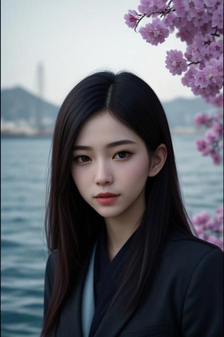 一名亞裔青年女性，黑色長直髮，前額無瀏海。戴黑框眼鏡。穿有老虎與蘭花圖案的白色無袖旗袍（長﷿，左右開衩）、白色高跟涼鞋。
FHD, masterpiece, realistic style.