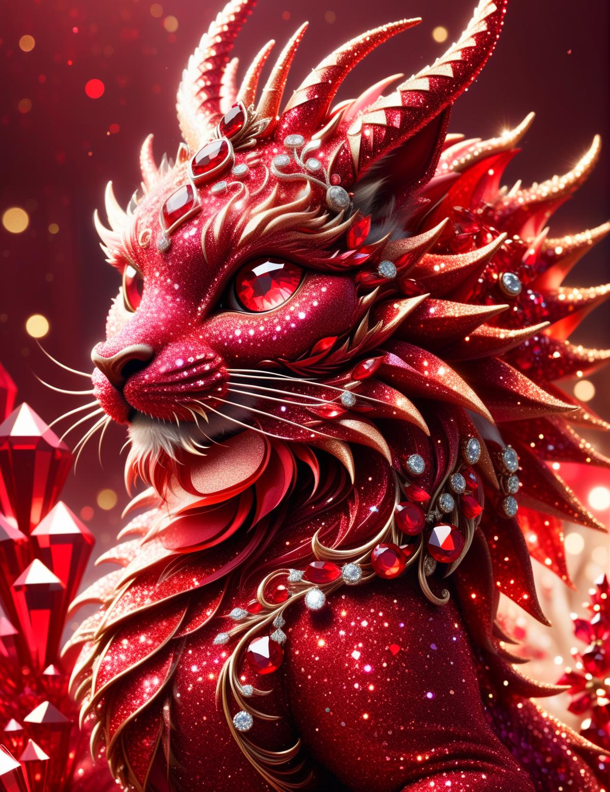 A red and gold cat with red eyes and a red mane, surrounded by red jewels.