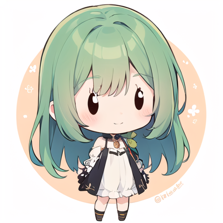 <lora:hotarueye_comic14_v100:1>, 1girl, (chibi:1.4), smile, closed mouth, dynamic angle, standing, , green hair,