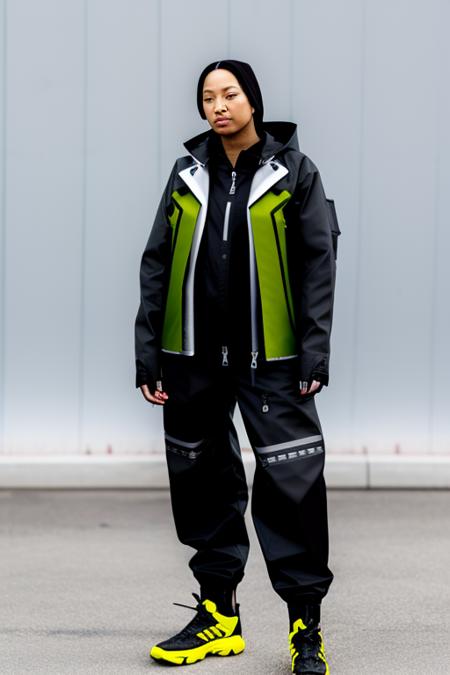 a portrait of a woman wearing a techwear