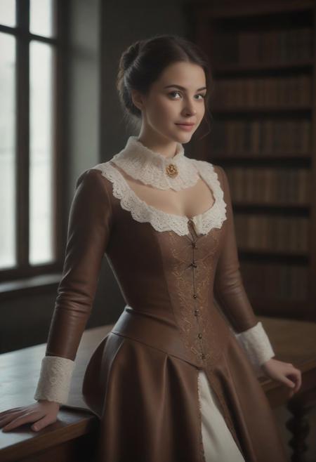 Young woman reading a book in a prvate queen library, look at viewer, brunette hair cascading over her shoulders, colors warm browns and soft whites, style candid photography,  (wearing latex historical dress). <lora:latex_historical_dress:0.7> latex historical dress . (Antique royal gown:1.2) with intricate embroidery, lace collar, and gold accents, worn by a regal queen, her posture elegant and poised, mood relaxed,
looking at viewer, smiles a little, 
lighting natural light streaming through a nearby window, perspective over-the-shoulder, texture soft wool sweater and glossy wooden table.
shallow depth of field, vignette, highly detailed, high budget, bokeh, cinemascope, moody, epic, gorgeous, film grain, grainy,
