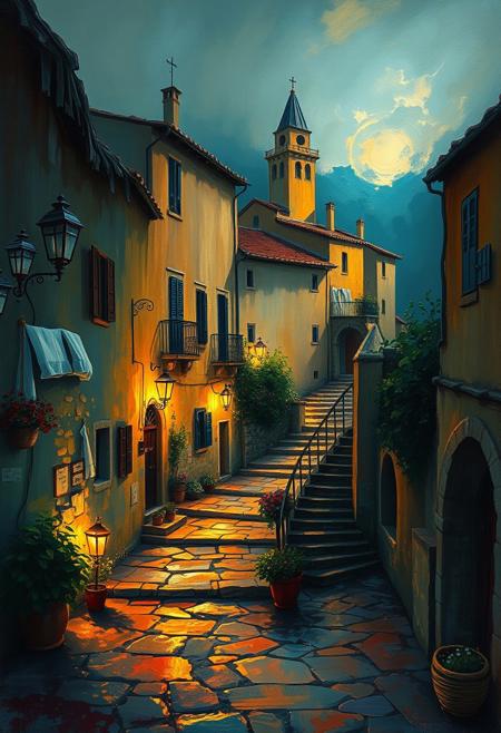 Creative light art reflects the darker aspects of the human condition in a romantic realism painting of an Italian village.  Warm color palette, textured brushwork, serene landscapes, and artistic lighting create abstract patterns with graceful, elegant and refined features.