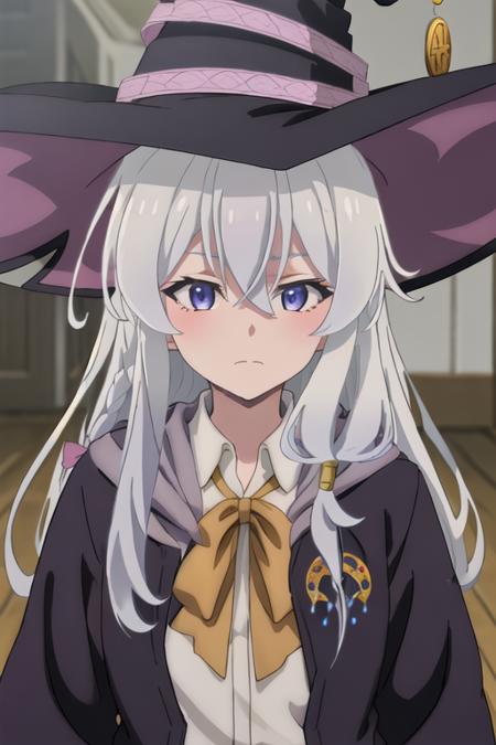 best quality, masterpiece, highres, solo, {elaina_majonotabitabi:1.15}, long_hair, bangs, hair_between_eyes, blue_eyes, closed_mouth, grey_hair, bow, white_hair, hat, witch_hat, black_headwear, purple_eyes, 1girl, collared_shirt, shirt, portrait, white_shirt