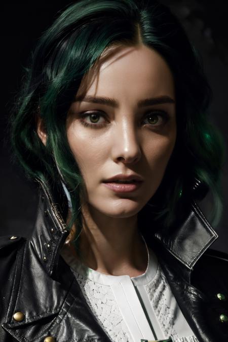 portrait photo of edt,(white shirt and black leather jacket), (green hair), alluring portrait, intricate, highly detailed, digital painting, artstation, concept art, naughty, sharp focus, cinematic lighting, illustration, art by artgerm and greg rutkowski, alphonse mucha, cgsociety,<lora:EmmaDumont-RealVision-V1.0:1>