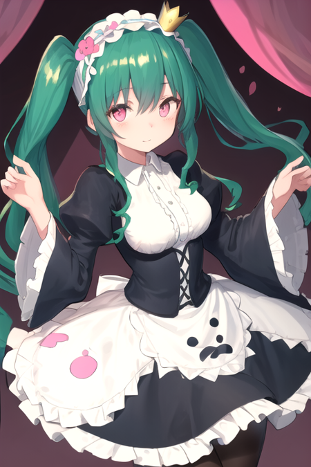 GinkoKuroi, 1girl, solo, long hair, skirt, white shirt, hair ornament, long sleeves, black dress, twintails, medium breasts, pink eyes, purple pantyhose, sidelocks, hairband, frills, green hair, puffy sleeves, collared shirt, hair flower, wide sleeves, waist apron, maid, maid headdress, mini crown, frilled sleeves, white apron, corset, underbust, 