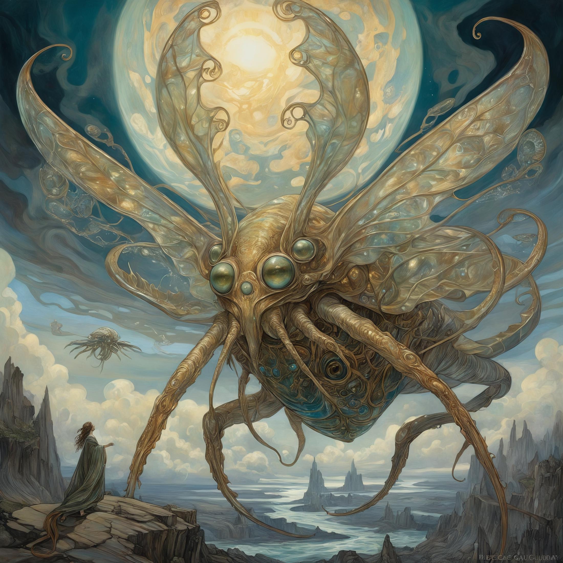 Artistic Fantasy Painting of a Moonlit Scene with a Giant Butterfly and a Man
