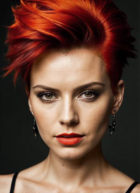 portrait of sks woman by Flora Borsi, style by Flora Borsi, bold, bright colours, orange Mohawk haircut, ((Flora Borsi)), <lora:lora_daisy_v1_from_v1_160:1>