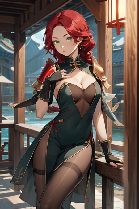HwayoungEpic7, 1girl, solo, long hair, gloves, dress, cleavage, green eyes, braid, thighband pantyhose, red hair, fingerless gloves, see-through, chinese clothes, shoulder armor, 