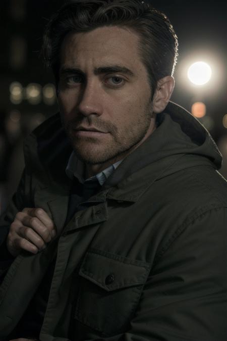 a man in a detective coat, patrolling the street at night <lora:jakeGyllenhall:1>, looking at camera, 8k, raw, uhd, masterpiece, upper body, close up