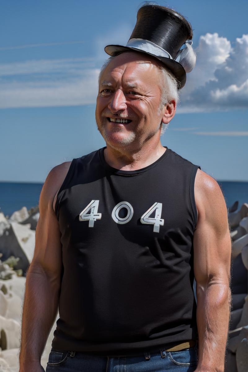 A man wearing a black shirt with 404 on it and a hat.
