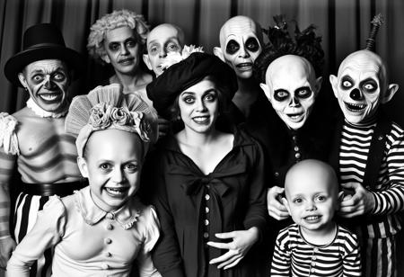 A picture showing some freaks show,circus freaks, inspired from tod browning film freaks,lot of freaks all posing in front of the camera like harry earles,daisy doll earls,daisy and violet hilton,schlitze surtees,jennie lee and elvira snowjohn merrick,prince randian,lady olga roderick, johnny eck,Minnie Woolsey,Elizabeth Green,Angelo Rossitto,black and white picture,detailed picture with their specific body anomaly,body difformity,elephantiasis,siamese body,nanism,Microcephaly,