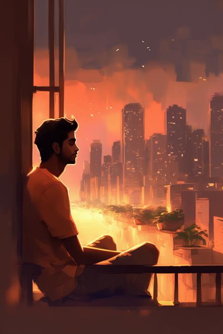 <lora:Atey Ghailan style:1>Atey Ghailan style - Sketch Style a guy sitting on the terrace looking at the sky and watching memories in the sky also the city lights are visible in the city mumbai with sunset