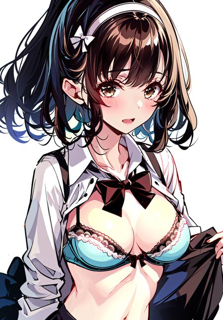 1girl, nipples, underwear, bra, breasts, open_clothes, solo, bow, shirt, hairband, breasts_outside, school_uniform, skirt, open_shirt, simple_background, bra_pull, white_background, medium_breasts, looking_at_viewer, one_breast_out, bowtie, upper_body, white_bra, blush, black_bow, sepia, clothes_pull, closed_mouth, short_hair, sketch, long_sleeves, brown_eyes, collarbone, wavy_hair, bangs, brown_hair <lora:style_EndouOkito:1>