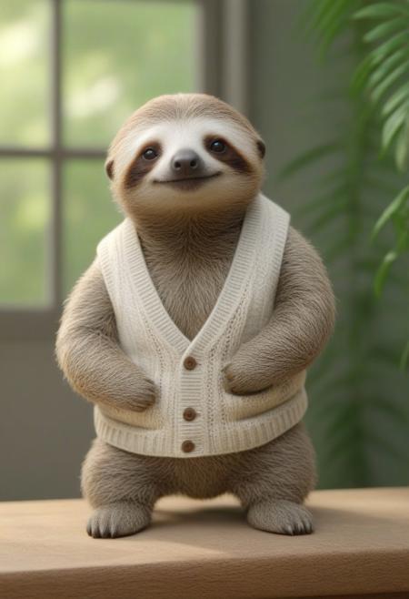 Create a 10-second hyper-realistic video of a sloth in a natural, relaxed position, dressed in a stylish, well-fitted outfit. The sloth is wearing a small tailored vest or sweater in neutral tones like beige, gray, or green, complementing its fur. The sloth moves slowly and naturally, blinking or gently moving its arms, as it grasps onto a tree branch or rests on a comfortable surface. The background is a realistic jungle or indoor setting with minimal blur, allowing the texture of the tree bark, leaves, or surroundings to be clearly visible. Sunlight filters through the leaves or window, casting soft light and gentle shadows on the sloth and its surroundings. The camera captures the slow, deliberate movements of the sloth, zooming in on the fine details of its face and clothing. The scene is calm and serene, accompanied by the sounds of rustling leaves or distant birds, creating a peaceful atmosphere. The background is not overly blurred, allowing viewers to appreciate the realistic setting.