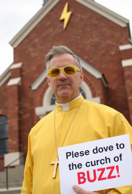 Man wearing yellow tinted glasses and a yellow priest uniform in front of church like building which has a gold lightning bolt symbol on its spire roof, he is wearing golden lightning bolt symbol necklace prominently visible, he is holding sign with text "Please donate to the church of BUZZ!". No cross symbol.