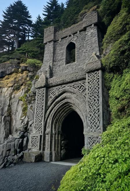 raw photo, (closeup) (wideshot) a sunset landscape, PNW coast, forested cliffs, overlooking oregon ocean across cove , cozy, photorealistic, newly built Towering Stone gateway entry into dark the side of rocky mountain cliff face, (dwarven: 1.39), high fantasy style, high detailed texture, 8k uhd, dslr, soft lighting, high quality, film grain, Fujifilm XT3, Sony A7 IV, highly detailed photography, (muted colors, cinematic, dim colors, soothing tones:1.2), vibrant, insanely detailed, hyperdetailed, (dark shot:1.2), (vsco:0.3), (intricate details:0.9), (hdr, hyperdetailed:1.2) (highest coherency: 1.39) (highest quality: 1.39) (rule-of-thirds) (award-winning) (masterclass) (highest resolution: 1.39) (castle architecture built into cliff: 0.69) (protruding from hillside) (rounded doorway) (glowing elven celtic knot designs) (carved from the rock: 1.49) (red banners)
