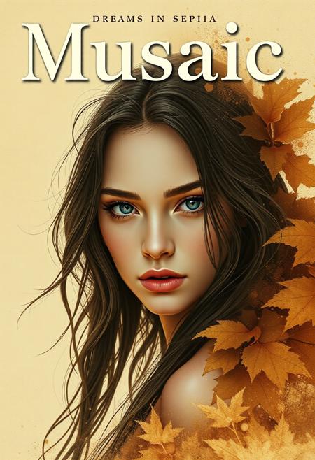 high quality design aesthetics, dynamic, detailed, pop album cover,  beautiful young white woman, artist name "Musaic", album title "Dreams in Sepia"