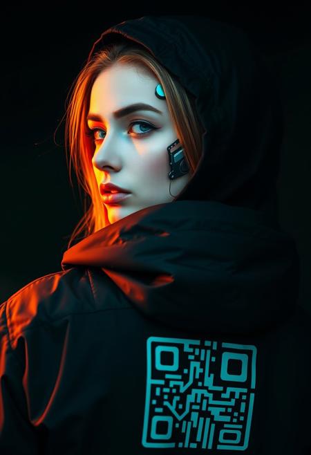 cyberpunk, closeup portrait of a woman with a half robot face, pastel teal/orange colored,  wearing a black high collar hooded parka with technical macro writing resembling an qr-code//bar-code on the back, solo, woman, high collar parka,