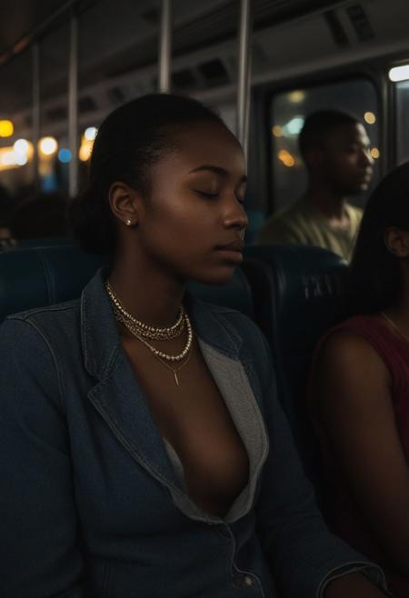 A group of men touching an exhausted girl sleeping on night bus, african girl, very tired girl, clothes torn, clothes hanging, shirt pulled down, clothes pulled down, nipple slip, puffy nipple, breasts  out, nipples, partial nudity, explicit, very tired, soft body, 18 yo girl, night time, drool from parted lips, detailed textures, bokeh, (simple necklace:1.1), night lighting, 4k uhd, dslr, soft lighting, high quality, Fujifilm XT3