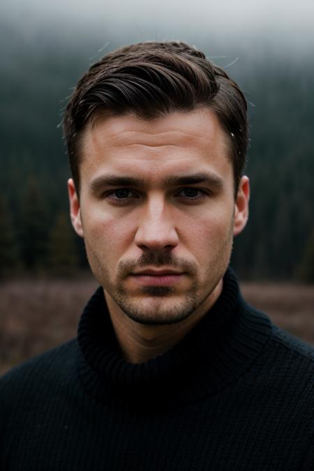 professional photo, closeup portrait photo of caucasian man, wearing black sweater, serious face, dramatic lighting, nature, gloomy, cloudy weather, bokeh