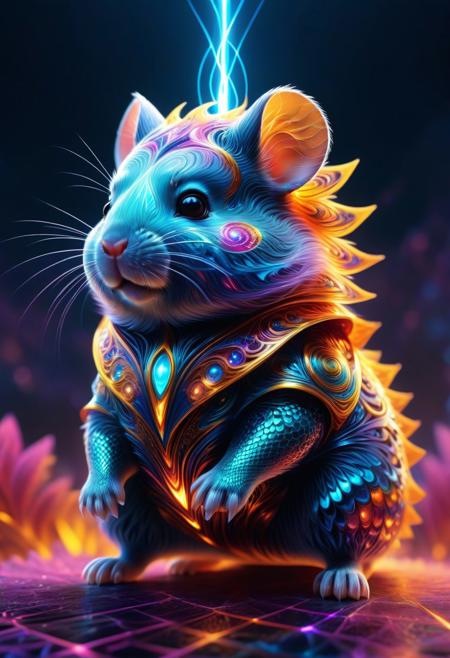 A grandiose arena in a sprawling fractal fantasy metropolis, where a super cute hamster, clad in gleaming, geometrically-patterned armor, engages in an electrifying battle. The hamster’s armor is intricately detailed, with glowing fractal designs and arcs of neon lightning coursing through its diminutive hammer. Its whiskers twitch in fierce concentration, its eyes glowing with fractal energy, radiating both regality and formidable power.
The arena is alive with fractalized spectators, their forms blending into a sea of glowing, geometric shapes and vibrant colors. Banners flutter in the breeze, adorned with fractal emblems of mythical beasts and legendary heroes. The sky above is a mesmerizing blend of clear blue and swirling fractal clouds, the sun casting a radiant glow on the polished, fractal-patterned stone grounds.
Around the edges, otherworldly flora thrives, their leaves and petals glowing with fractal magic, contrasting with the crowd’s electric energy. The air crackles with arcs of neon lightning, and the atmosphere is filled with booming shouts of excitement and awe. The scene captures the thrill and valor of battle in a surreal, fantastical setting, where even the smallest hero wields mighty powers, inspiring courage amidst roars of admiration and skies alive with electric, fractal energy.