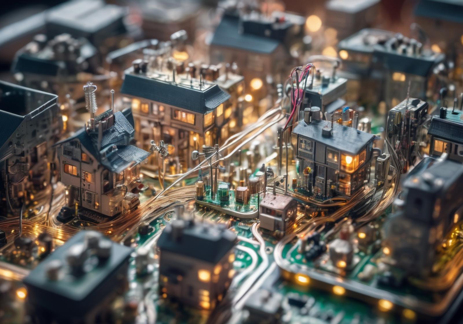A model of a city with a miniature train and houses.