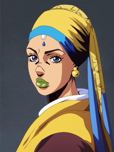 the girl with a pearl earring by johannes vermeer, Very detailed, clean, high quality, sharp image, jojoso style <lora:SDXL-jojoso_style-Lora:1>